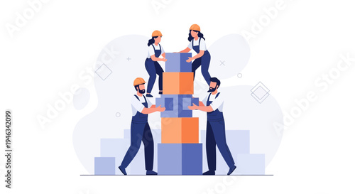 Teamwork stacking boxes, construction workers building tower, collaboration concept