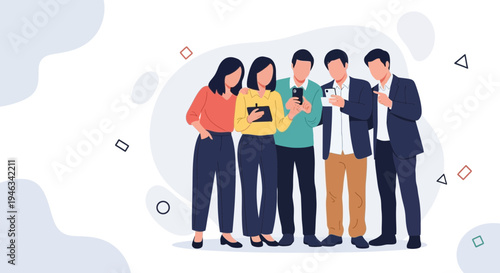 Diverse group of people using smartphones together, modern flat illustration