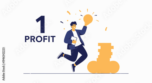 Man jumping with lightbulb and coins, symbolizing profit and success