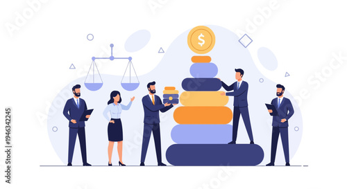 Business people stacking coins pyramid, financial growth, investment, legal balance