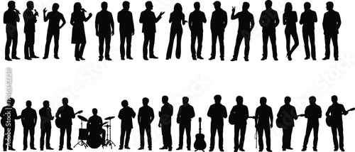 Silhouettes of groups of people and musicians with instruments including drums, cello, and guitars, symbolizing community, performance, music, art, and social interaction illustration