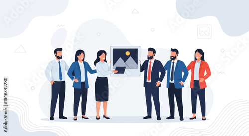 Business team presenting a project with a landscape image on a screen