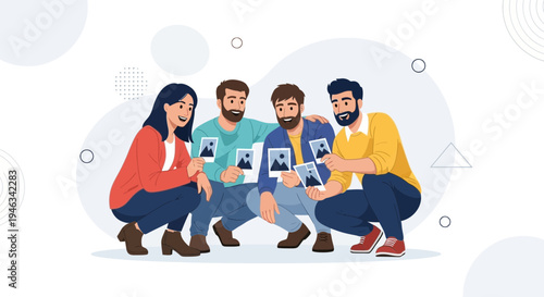 Friends sharing photos, happy people squatting together, looking at pictures, friendship, togetherness