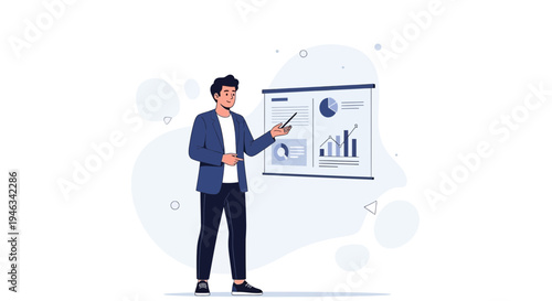 Businessman presenting financial charts on a whiteboard during a meeting