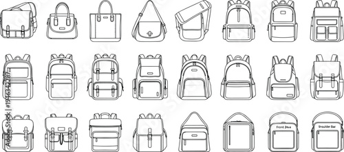 Technical Vector Line Art Illustration Set of Various Backpacks School Bags Handbags and Rucksacks Isolated on White Background for Fashion Design and Retail Graphics