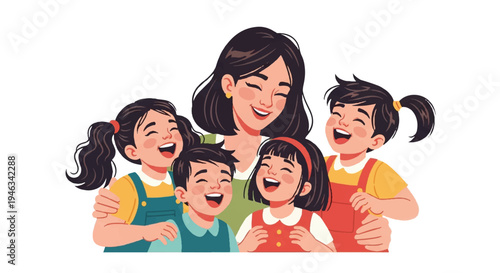 Woman and children smiling together illustration
