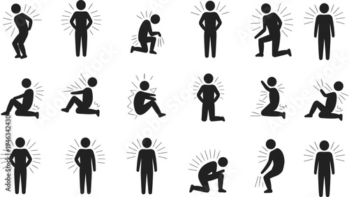 Human body pain symptoms icons back knee shoulder joint pain medical problem silhouette vector illustration set