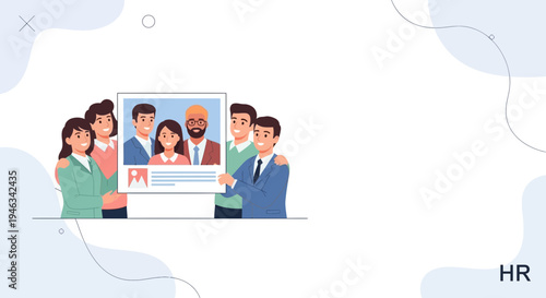 Diverse team holding a photo of their colleagues, celebrating unity and teamwork