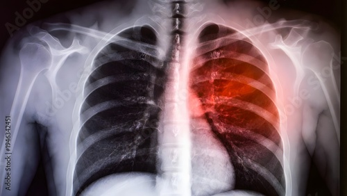 Radiographic image of lung congestion and chest trauma. Respiratory illness and clinical diagnostics. X-ray showing inflammatory response in the thoracic region