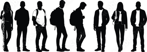 Vector Silhouette Illustration Set of Diverse Male and Female Students Carrying Backpacks Standing in Row Isolated on White Background for Education and School Design
