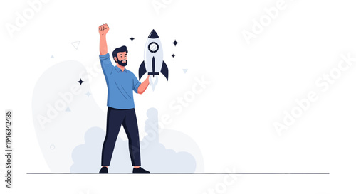 Man celebrating successful startup launch with rocket illustration