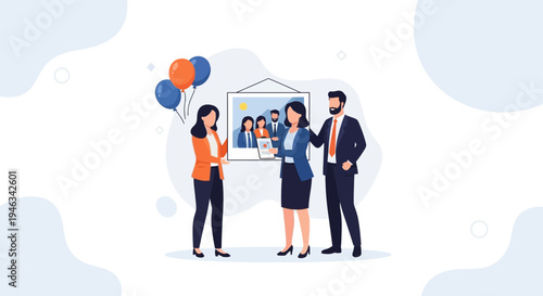 Business team celebrates success with framed photo and balloons at office event