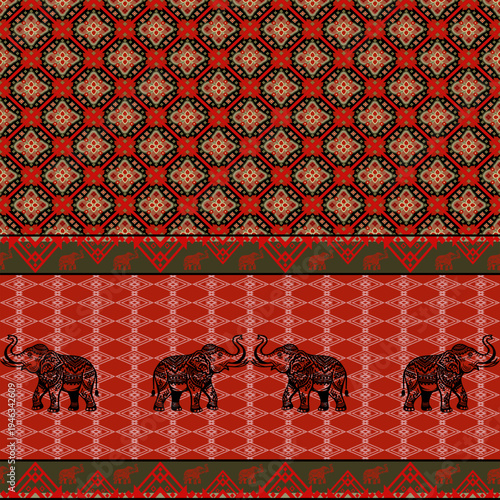 Geometric patterns of elephants and flowers; traditional fabric patterns.