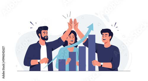 Teamwork success, business growth, high five and financial chart with arrow