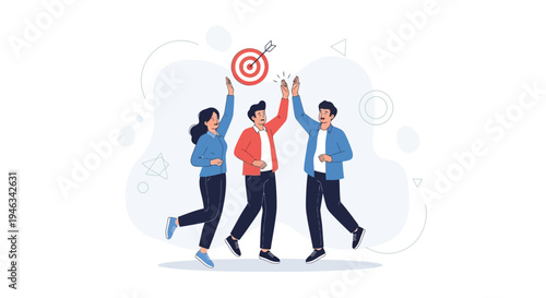 Teamwork Success: People High-Fiving with Target and Arrow Symbolizing Achievement