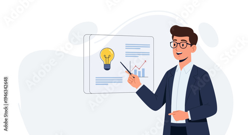Man presenting business growth chart and lightbulb idea on whiteboard
