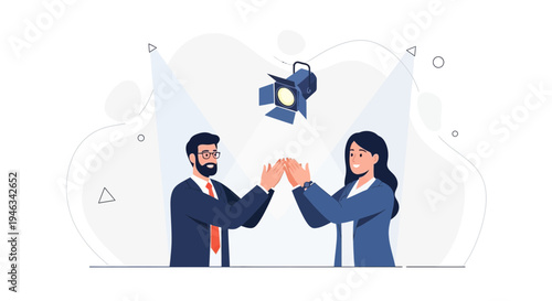 Business partners high-fiving under spotlight, celebrating success, teamwork, achievement
