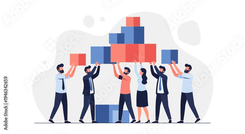 Teamwork building blocks, business people collaborating to construct a structure