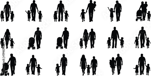 Silhouettes of diverse family groups including parents, children, and strollers, symbolizing parenting, caregiving, love, bonds, and family life illustration design