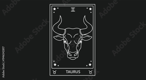 Simple line art illustration of a Taurus zodiac sign featuring a bull head on a black tarot card background.