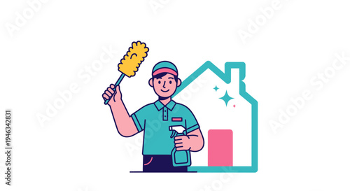 Professional cleaner with duster and spray bottle ready for house cleaning.