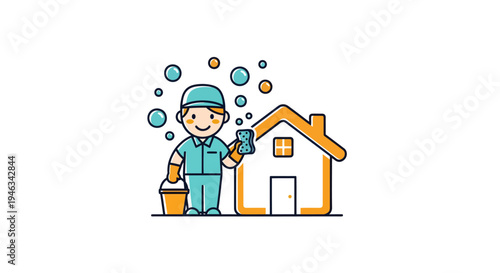 Professional cleaner with bucket and sponge next to a house.