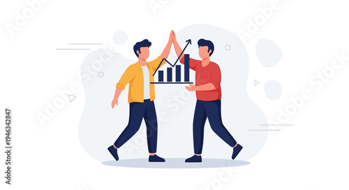 Two businessmen high-fiving over a growing financial chart, celebrating success.