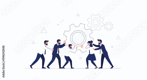 Teamwork and Collaboration: People Pushing a Gear Together for Success