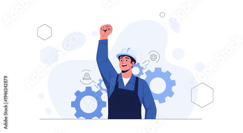 Happy construction worker with raised fist and gears, celebrating success and industry achievement.