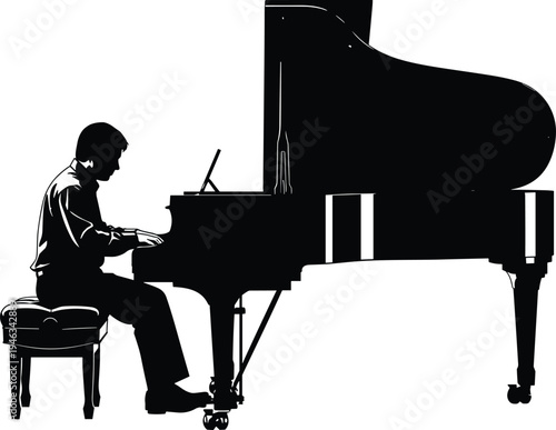 Elegant black silhouette of a talented male pianist playing a grand piano on a white background, perfect for classical music concerts and artistic performances.