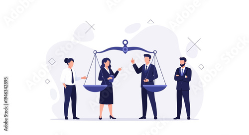 Lawyers Discussing Case near Scales of Justice, Legal Team Concept