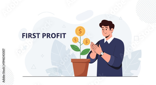 Man Applauding First Profit Growth From Plant With Coins