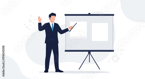Businessman presenting on a whiteboard, pointing with a stick, business meeting, presentation