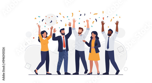 Diverse group of people celebrating with confetti, arms raised in joy