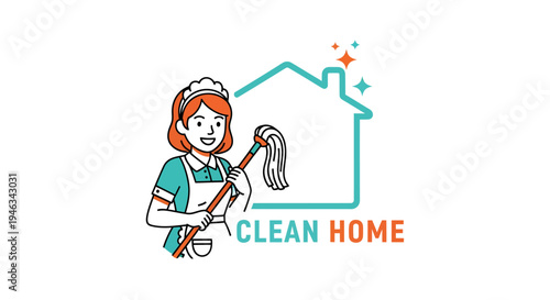 Professional cleaning service logo with a smiling maid holding a mop in front of a sparkling house outline.