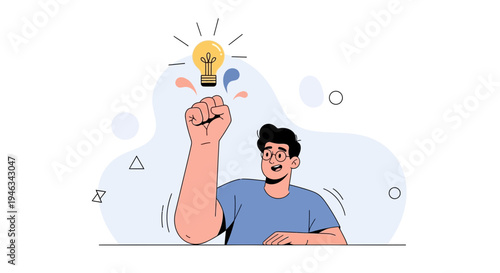 Man with Fist Raised and Light Bulb Idea Symbol Above Head - Innovation Concept