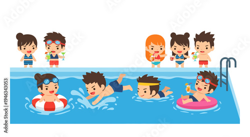 People swimming in pool, illustration, vector style graphic, summer fun and vacation concept