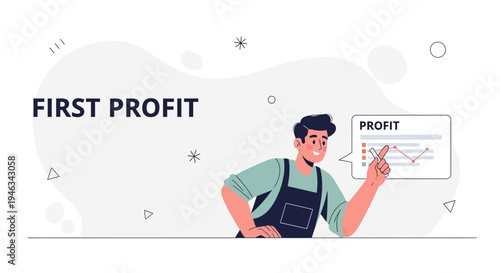 Man pointing at profit chart, first profit concept, business growth illustration