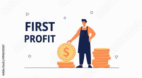 Man with First Profit Coins, Business Growth Concept Illustration