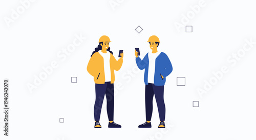 Two construction workers in hard hats using smartphones on a white background