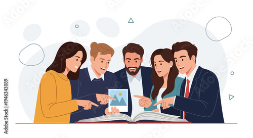 Diverse team collaborating on a project, looking at a tablet and book