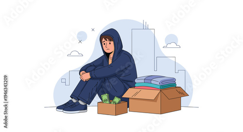 Homeless person wearing a hoodie sitting on the ground with a cardboard box of donations and clothes.