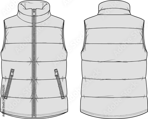 Technical fashion flat sketch of a women’s quilted puffer vest featuring a high collar zip front and side pockets in front and back view.