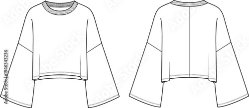 Technical flat fashion illustration of a women’s oversized cropped sweatshirt with dropped shoulders and wide flared sleeves in a front and back view.