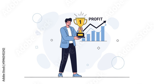 Man Holding Trophy Celebrating Profit Growth and Success