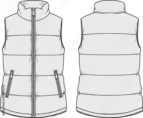 Technical fashion flat sketch of a women’s quilted puffer vest featuring a high collar zip front and side pockets in front and back view