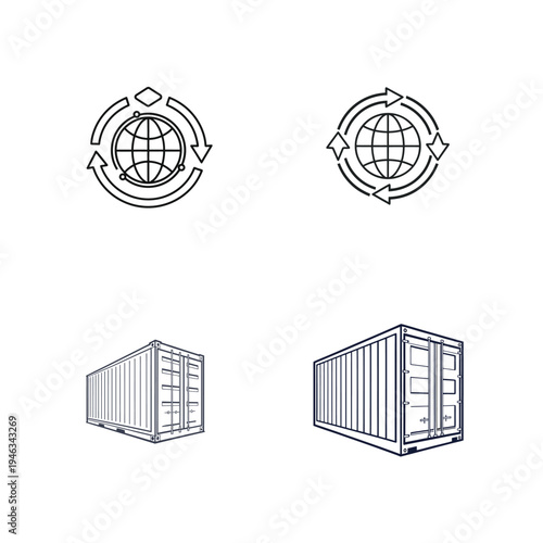 Global Trade and Shipping Icon Set Representing Logistics, Commerce, and International Exchange Vector Illustration