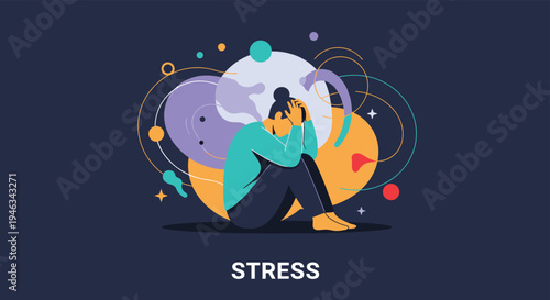 Conceptual illustration representing stress showing a person sitting on the ground holding their head with chaotic shapes around them.