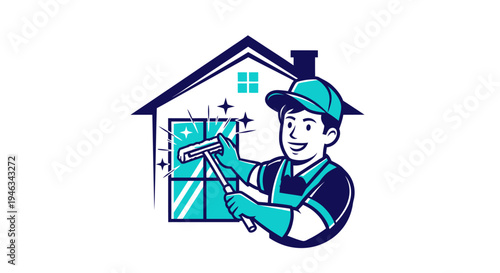 Professional window cleaner at work on a house window.