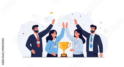 Team celebrating success with a trophy and confetti, high five, business achievement